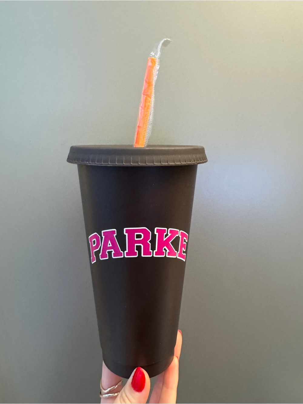 PARKE x Dunkin’ Black Party Tumbler with Pink Lettering and Orange Straw